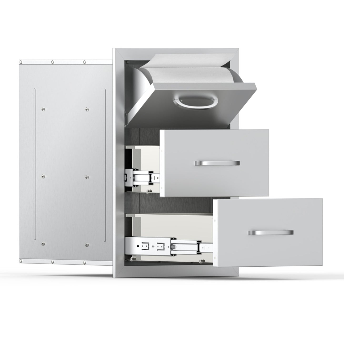 Outdoor Kitchen Drawers, 16.5"W x 29"H x 20.5"D Triple Access Drawers, Stainless Steel Flush Mount Cabinets, BBQ Island Drawers Storage with Paper Towel Holder & Handle, for Patio Grill Station