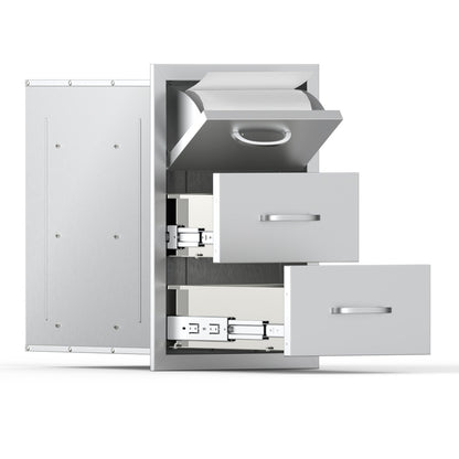 Outdoor Kitchen Drawers, 16.5"W x 29"H x 20.5"D Triple Access Drawers, Stainless Steel Flush Mount Cabinets, BBQ Island Drawers Storage with Paper Towel Holder & Handle, for Patio Grill Station