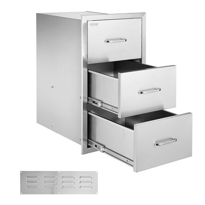 Outdoor Kitchen Drawers, 16.5"W x 29"H x 20.5"D Triple Access Drawers, Stainless Steel Flush Mount Cabinets, BBQ Island Drawers Storage with Paper Towel Holder & Handle, for Patio Grill Station