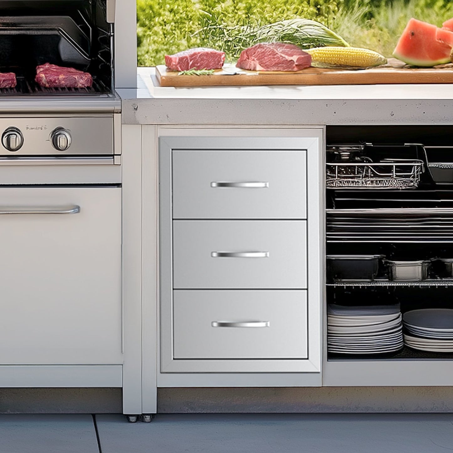 Outdoor Kitchen Drawers, 18.5"W x 22.5"H x 22.5"D Triple Access Drawers, Stainless Steel Flush Mount Cabinets, BBQ Island Drawers Storage with Handle, for Outdoor Kitchens or Patio Grill Station