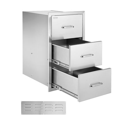 Outdoor Kitchen Drawers, 18.5"W x 22.5"H x 22.5"D Triple Access Drawers, Stainless Steel Flush Mount Cabinets, BBQ Island Drawers Storage with Handle, for Outdoor Kitchens or Patio Grill Station