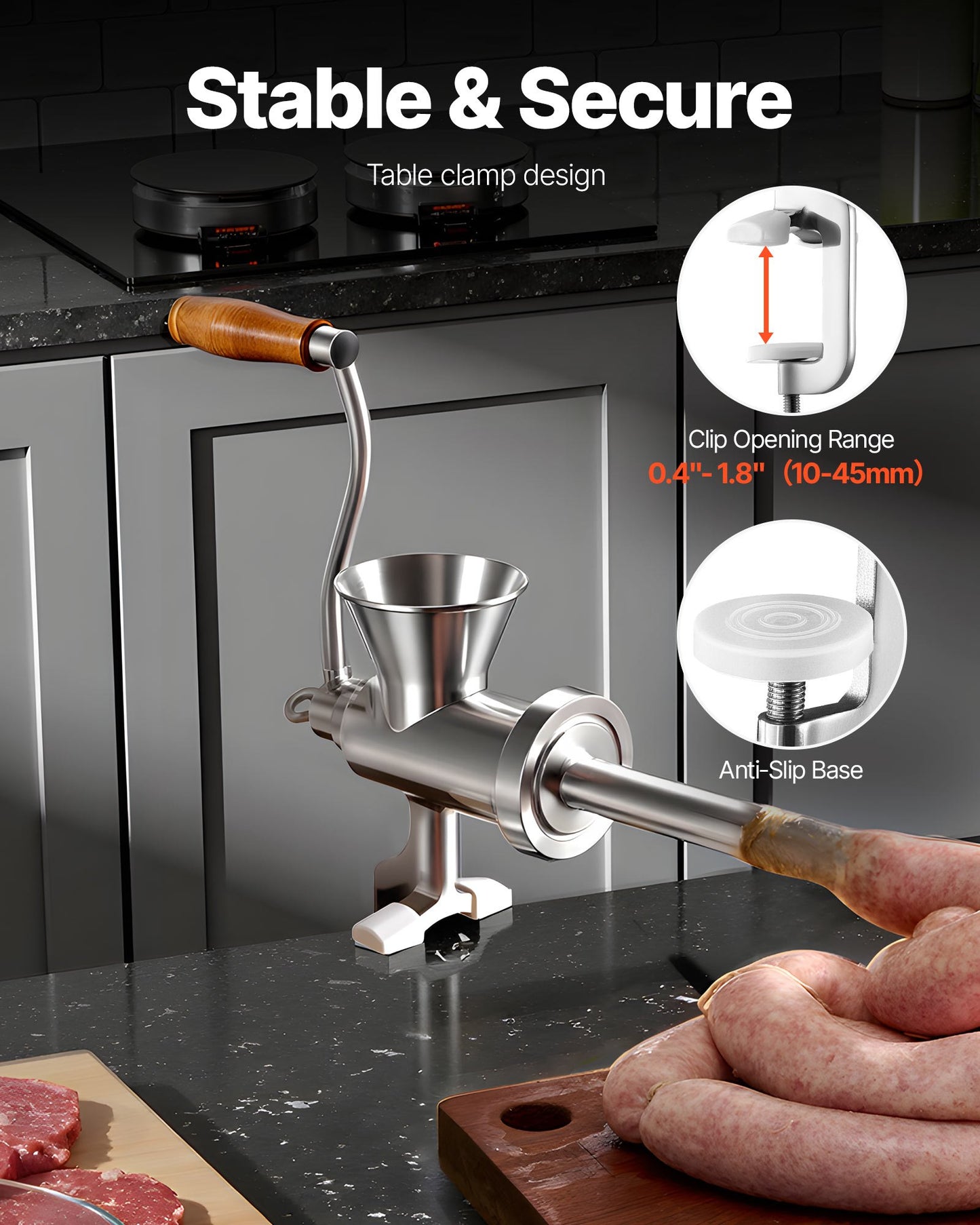 Manual Meat Grinder, 304 Stainless Steel Hand Crank Meat Mincer with Steel Table Clamp, Sausage Stuffer with 2 Cutting Plates & 4 Sausage Tubes, Food Grinder for Beef Chili Pork Kitchen Tabletop