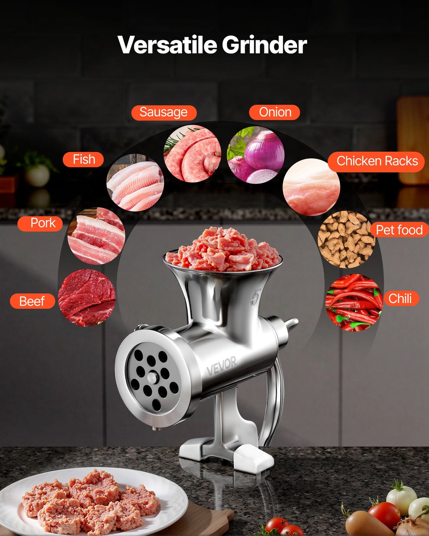 Manual Meat Grinder, 304 Stainless Steel Hand Crank Meat Mincer with Steel Table Clamp, Sausage Stuffer with 2 Cutting Plates & 4 Sausage Tubes, Food Grinder for Beef Chili Pork Kitchen Tabletop
