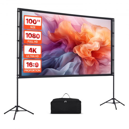 Projector Screen with Stand, 100 Inch 160° Wide Angle Indoor Outdoor Projection Screen, 16:9 4K HD Wrinkleless Portable Dual-Tripod Screens with Carry Bag, for Movie Home Theater Presentation