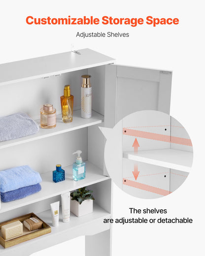 Förvaringsskåp över toaletten, 165,1 cm hög badrumsförvaringsorganisatör med dubbeldörr och justerbar hylla, platsbesparande badrumsorganisatör ovanför toaletten med öppen hylla, vit