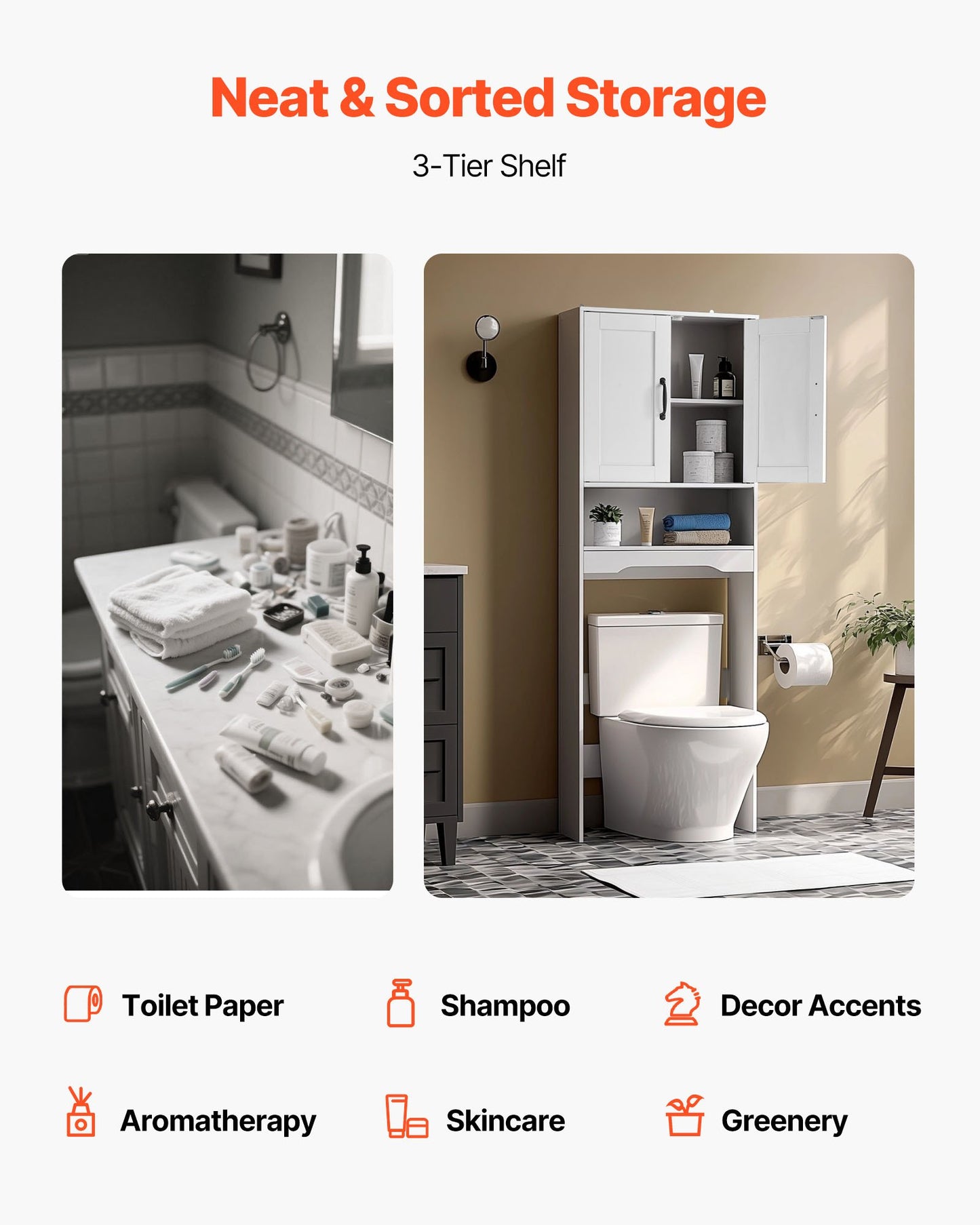 Förvaringsskåp över toaletten, 165,1 cm hög badrumsförvaringsorganisatör med dubbeldörr och justerbar hylla, platsbesparande badrumsorganisatör ovanför toaletten med öppen hylla, vit