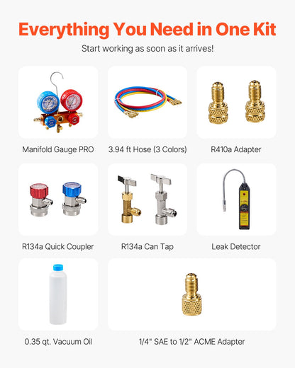 267 L/min (4,5 CFM) AC-vakuumpump och mätarsats, enstegs roterande lamell-HVAC-luftvakuumpump, A/C-kylmedelsmanifoldmätarsats, med läckagedetektorslangar, för R134a, R12, R22, R502a, R410A, R404, R407C