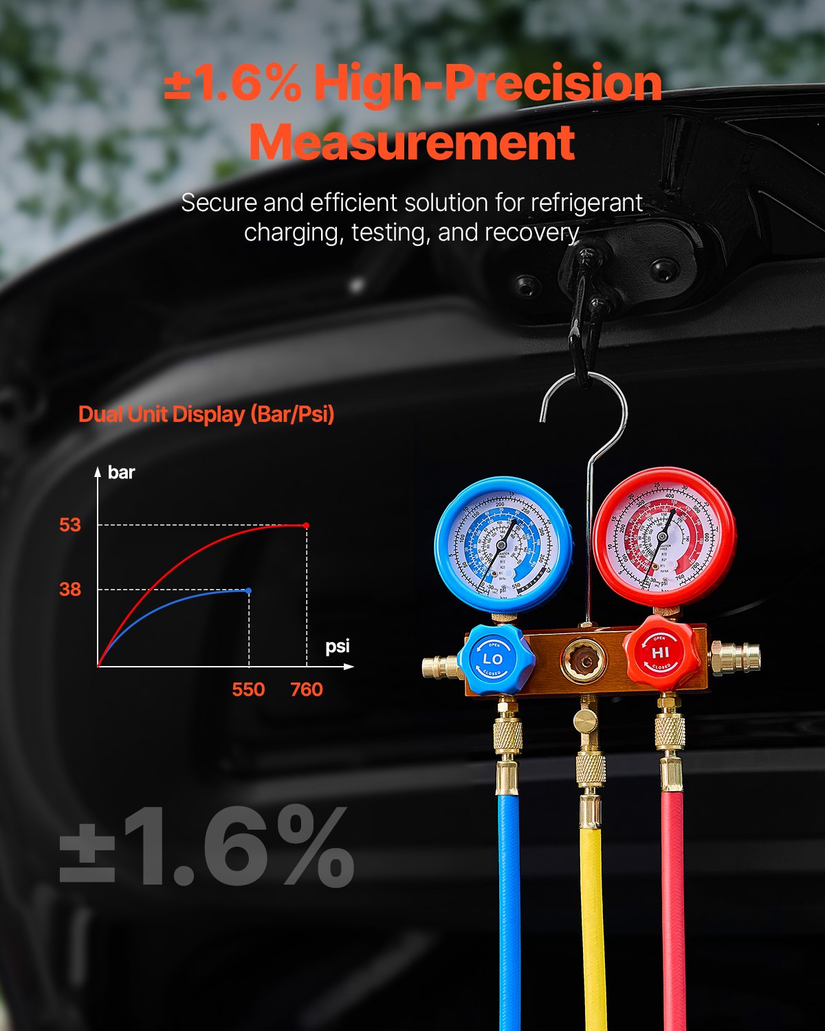 267 L/min (4,5 CFM) AC-vakuumpump och mätarsats, enstegs roterande lamell-HVAC-luftvakuumpump, A/C-kylmedelsmanifoldmätarsats, med läckagedetektorslangar, för R134a, R12, R22, R502a, R410A, R404, R407C