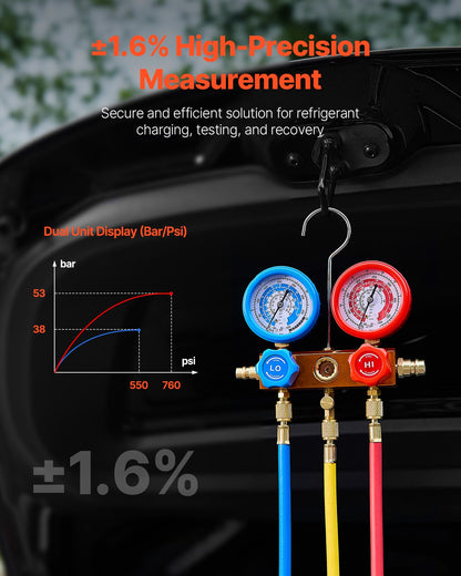 267 L/min (4,5 CFM) AC-vakuumpump och mätarsats, enstegs roterande lamell-HVAC-luftvakuumpump, A/C-kylmedelsmanifoldmätarsats, med läckagedetektorslangar, för R134a, R12, R22, R502a, R410A, R404, R407C