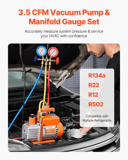 217 L/min (3,5 CFM) AC-vakuumpump och mätarsats, enstegs roterande lamellluftvakuumpump för HVAC, A/C-kylmedelsmanifoldmätarsats, med slangar, luftkonditioneringskylning för R134a, R12, R22, R502a