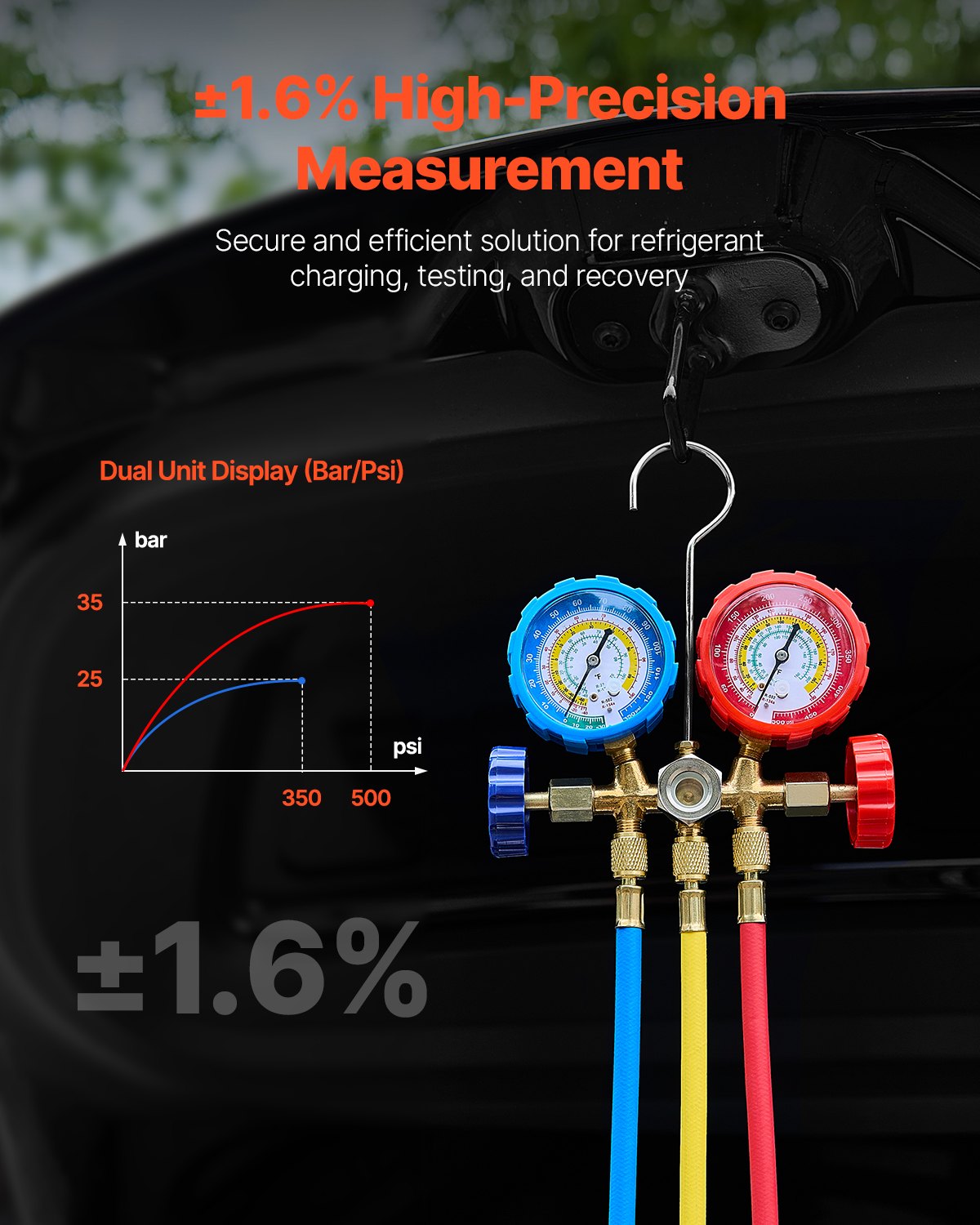 217 L/min (3,5 CFM) AC-vakuumpump och mätarsats, enstegs roterande lamellluftvakuumpump för HVAC, A/C-kylmedelsmanifoldmätarsats, med slangar, luftkonditioneringskylning för R134a, R12, R22, R502a