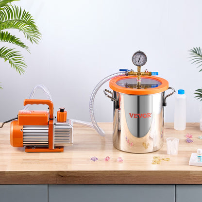 11 l (3 gallon) vakuumkammare och 100 l/min (3,5 CFM) pumpsats, kammare i rostfritt stål, enstegs vakuumpump avgasningskammarsats, med akryllock, olja, 1,5 m (4,92 fot) slang, för avgasning av silikonepoxiharts