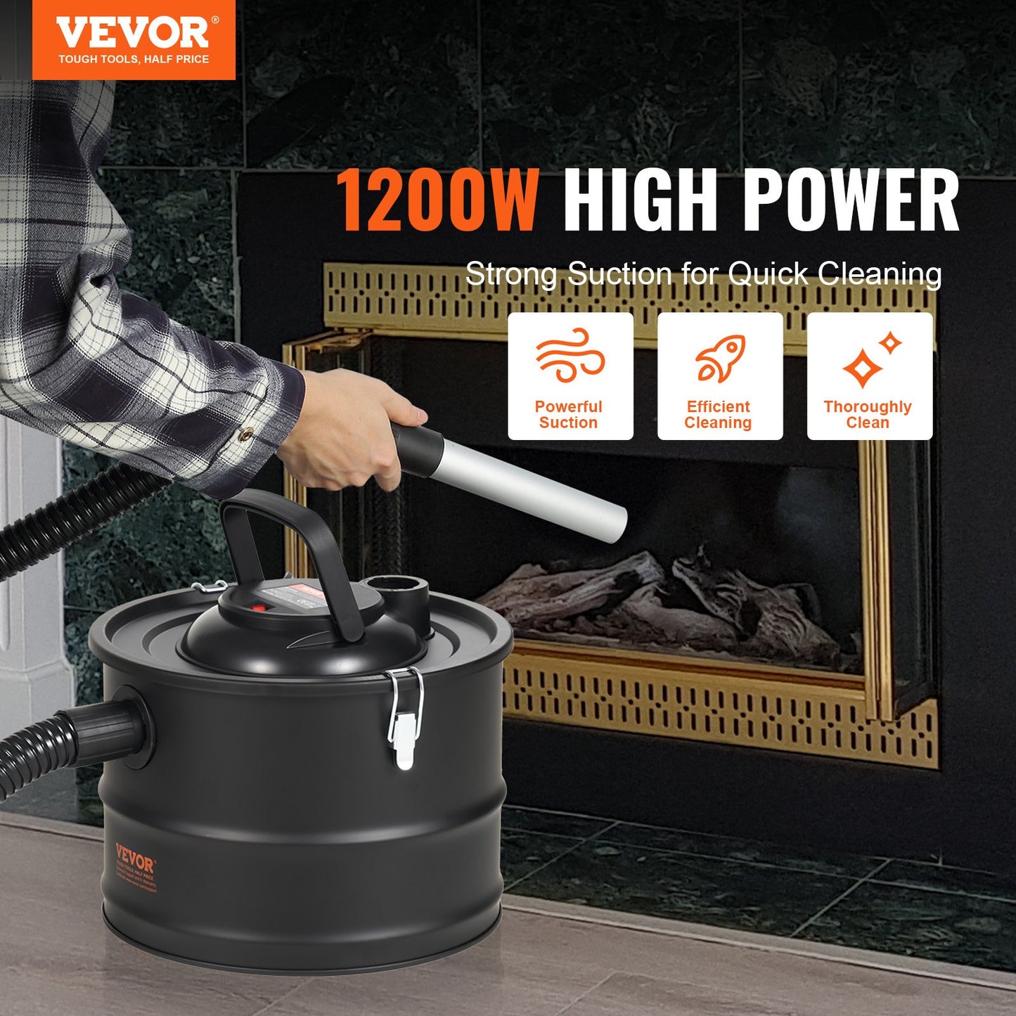 Ash Vacuum Cleaner, 15L with 1200W Powerful Suction, Fireplace Vacuum with Reverse Suction, 3M Power Cable, 16 Kpa Max. Vacuum, for Fireplaces, Pellet Stoves, Wood Stove, Log Burner