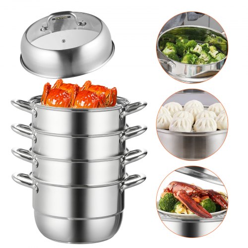 Dumpling Steamer Stainless Steel 5 Titer Stainless Steel Steamer Work For Cooking 30cm/11.8inch Food Steamer Pot with Gas Electric Grill Stove Top (Dia 30cm)