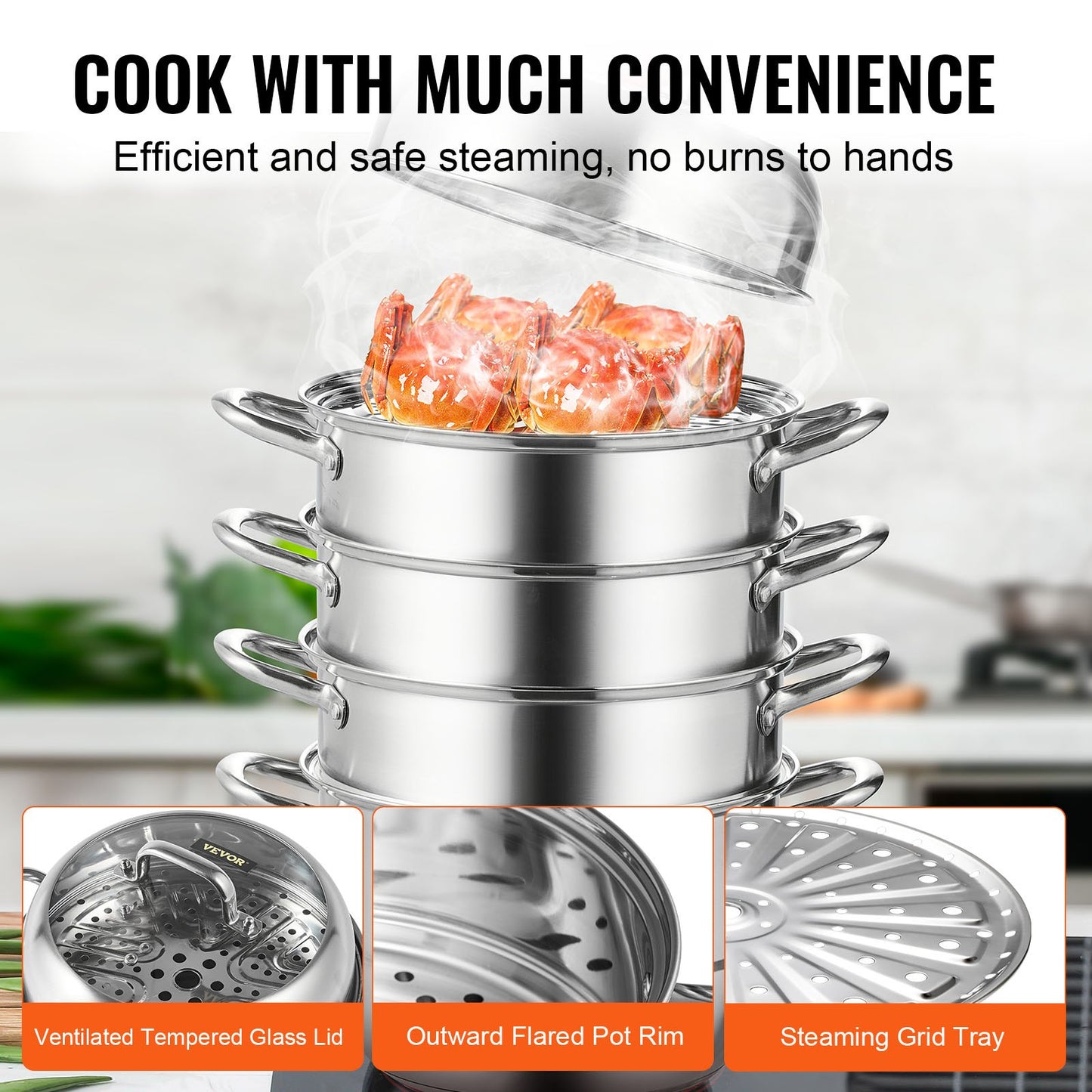 Dumpling Steamer Stainless Steel 5 Titer Stainless Steel Steamer Work For Cooking 30cm/11.8inch Food Steamer Pot with Gas Electric Grill Stove Top (Dia 30cm)