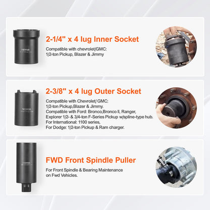 Verktygssats för spindelmutterhylsor, 6-delad hylssats för axelnav, 1/2-tums drivning, för Toyota, Ford, 4WD-fordon och GM-fordon, med förvaringsväska, avtagare för axelspindelmutterhållare