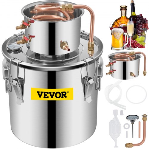 Moonshine Still Distiller 5Gal 21L Stainless Steel Water Distiller Copper Tube Home Brewing Kit Build-in Thermometer for DIY Whisky Wine Brandy Sliver