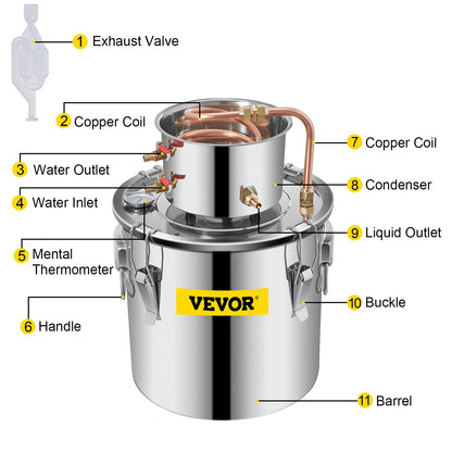 Moonshine Still Distiller 5Gal 21L Stainless Steel Water Distiller Copper Tube Home Brewing Kit Build-in Thermometer for DIY Whisky Wine Brandy Sliver