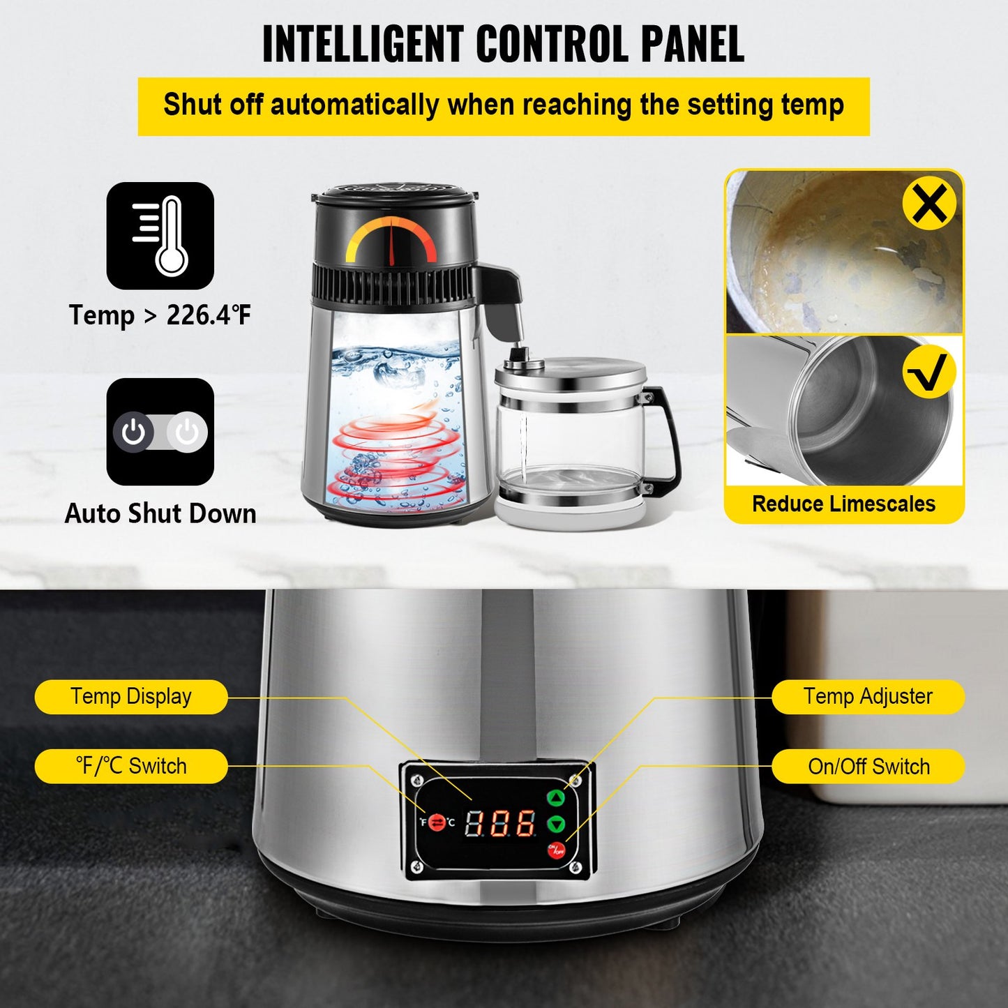 Silver Water Distiller Machine 750W Adjustable Temperature Water Distiller 4L Wine Making Set Brewing Kit Stainless Steel Inner Distiller with Adjustable Temperature for Kitchen Homes