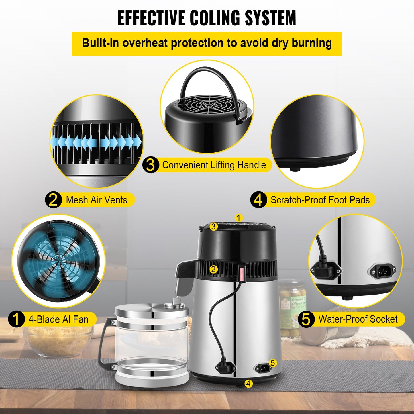 Silver Water Distiller Machine 750W Adjustable Temperature Water Distiller 4L Wine Making Set Brewing Kit Stainless Steel Inner Distiller with Adjustable Temperature for Kitchen Homes