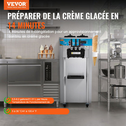 Commercial Ice Cream Machine, 21-31 L/H Yield, 1500W 3-Flavor Freestanding Soft Serve Ice Cream Maker, 2 x 5.5L Stainless Steel Cylinder, LED Panel Auto Clean Pre-cooling, for Restaurant Bars