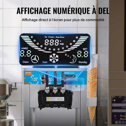 Commercial Ice Cream Machine, 21-31 L/H Yield, 1500W 3-Flavor Freestanding Soft Serve Ice Cream Maker, 2 x 5.5L Stainless Steel Cylinder, LED Panel Auto Clean Pre-cooling, for Restaurant Bars