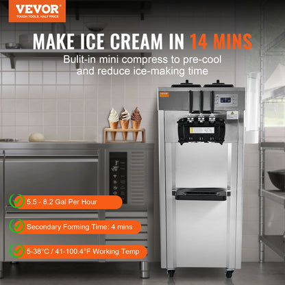 Commercial Ice Cream Machine, 21-31 L/H Yield, 1670W 3-Flavor Freestanding Soft Serve Ice Cream Maker, 2 x 4.3L Stainless Steel Hopper, LED Panel Auto Clean Overnight Refrigeration, for Restaurant Bars