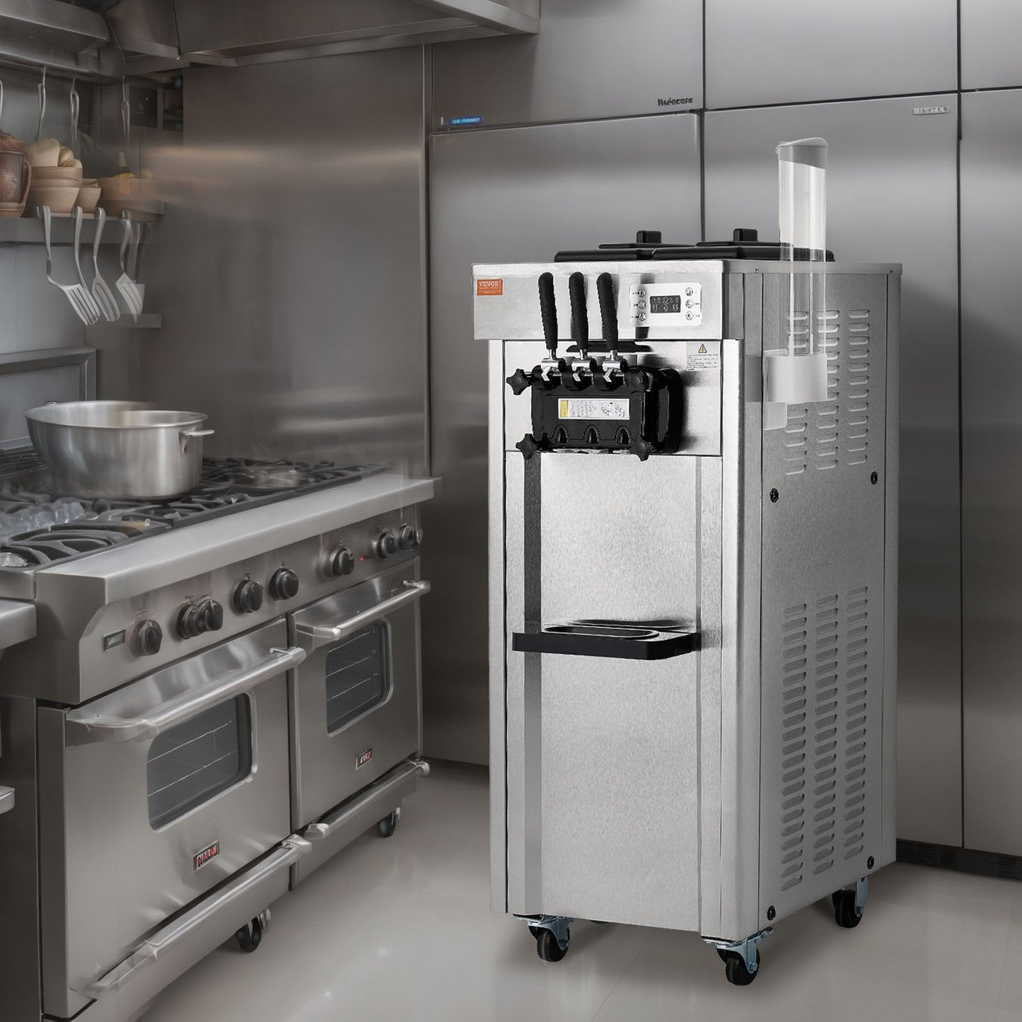 Commercial Ice Cream Machine, 21-31 L/H Yield, 1670W 3-Flavor Freestanding Soft Serve Ice Cream Maker, 2 x 4.3L Stainless Steel Hopper, LED Panel Auto Clean Overnight Refrigeration, for Restaurant Bars