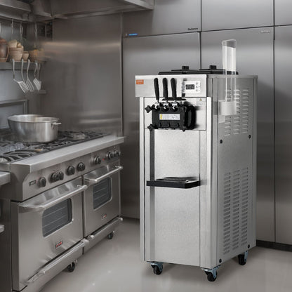 Commercial Ice Cream Machine, 21-31 L/H Yield, 1670W 3-Flavor Freestanding Soft Serve Ice Cream Maker, 2 x 4.3L Stainless Steel Hopper, LED Panel Auto Clean Overnight Refrigeration, for Restaurant Bars