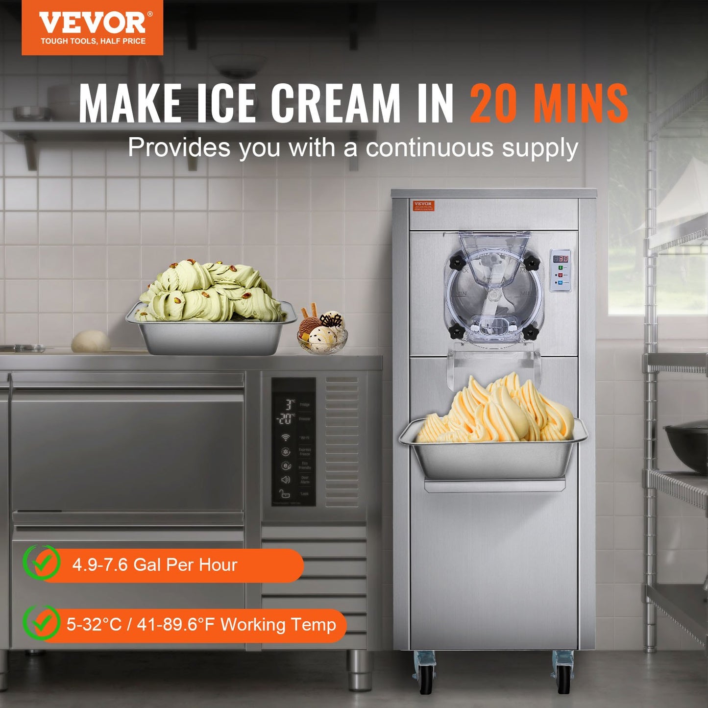 Commercial Ice Cream Machine, 18 L/H Yield, 1600W Single Flavor Hard Serve Ice Cream Maker with Wheels, 6L Stainless Steel Cylinder, LED Panel Auto Clean Pre-cooling, for Restaurant Snack Bars