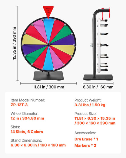 305 mm Spinning Prize Wheel, 14 Slots Spinning Wheel with Stand, Tabletop Win Fortune Roulette with a Dry Erase and 2 Markers, 6 Colors, Easy Assembly, for Party Pub Trade Show Carnival Events