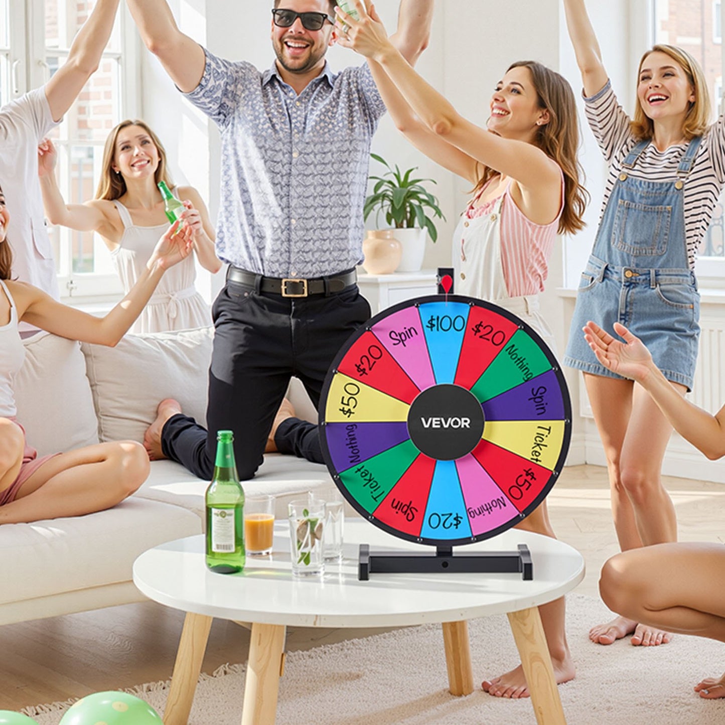 457 mm Spinning Prize Wheel, 14 Slots Spinning Wheel with Stand, Tabletop Win Fortune Roulette with a Dry Erase and 2 Markers, 6 Colors, Easy Assembly, for Party Pub Trade Show Carnival Events