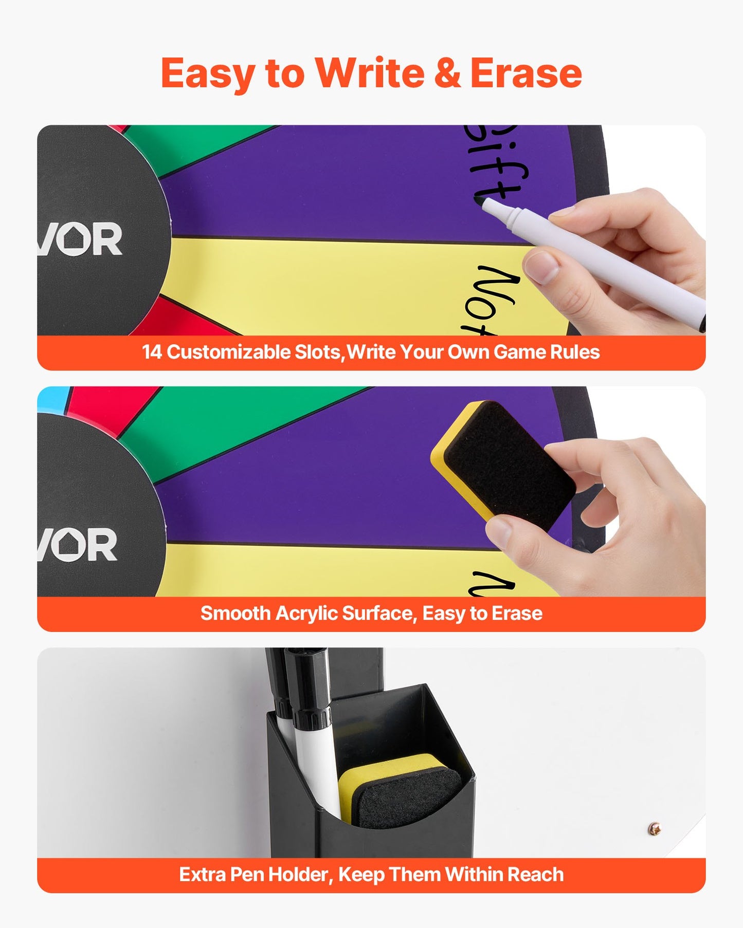 610 mm Spinning Prize Wheel, 14 Slots Spinning Wheel with Stand, Tabletop Win Fortune Roulette with a Dry Erase and 2 Markers, 6 Colors, Easy Assembly, for Party Pub Trade Show Carnival Events