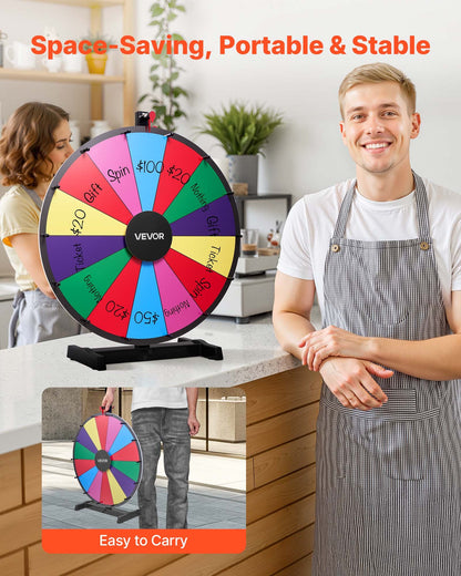 610 mm Spinning Prize Wheel, 14 Slots Spinning Wheel with Stand, Tabletop Win Fortune Roulette with a Dry Erase and 2 Markers, 6 Colors, Easy Assembly, for Party Pub Trade Show Carnival Events