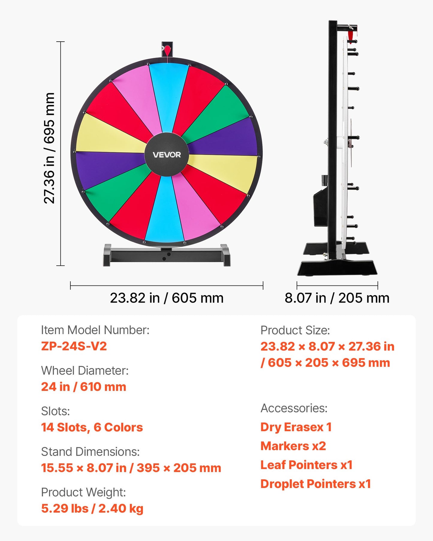 610 mm Spinning Prize Wheel, 14 Slots Spinning Wheel with Stand, Tabletop Win Fortune Roulette with a Dry Erase and 2 Markers, 6 Colors, Easy Assembly, for Party Pub Trade Show Carnival Events