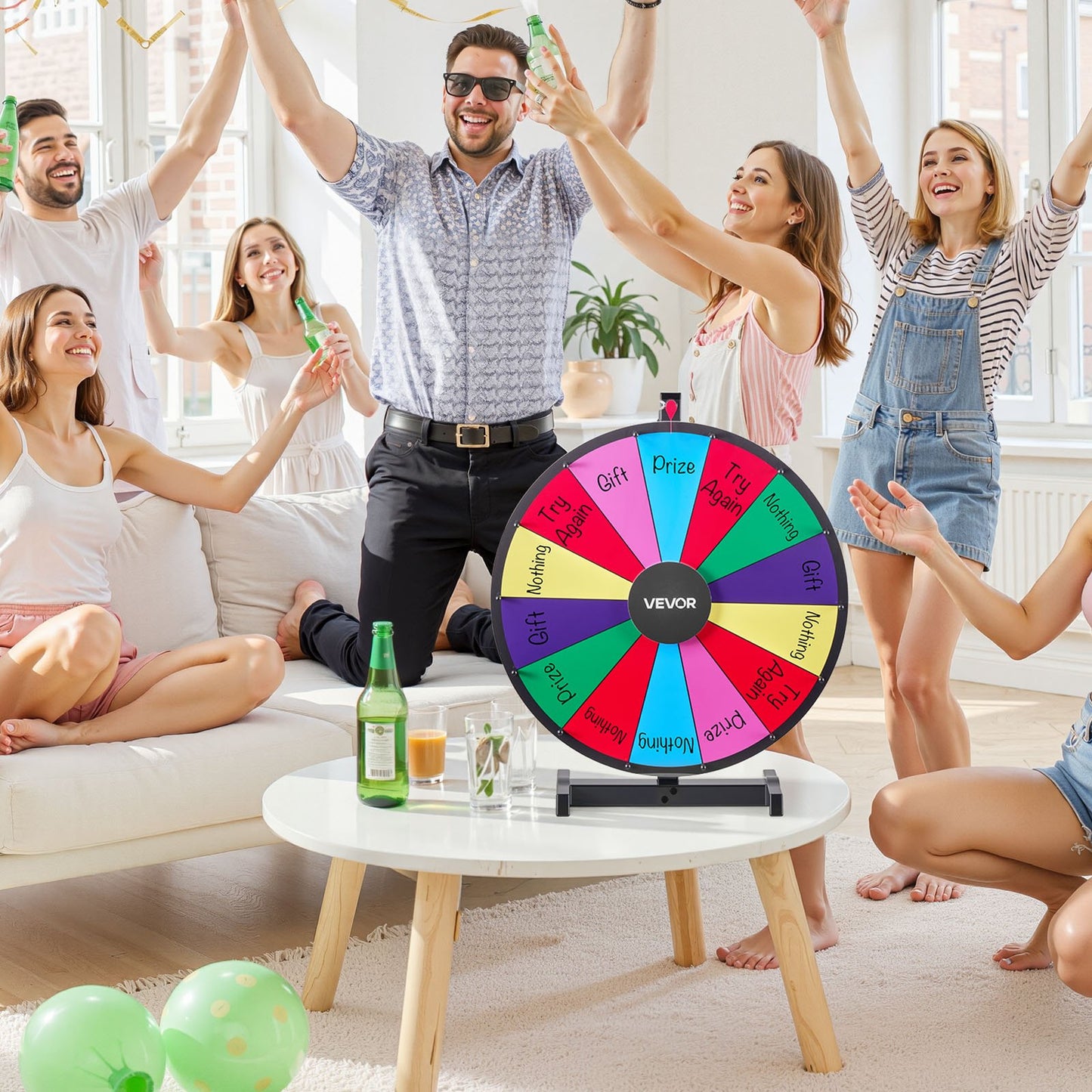 610 mm Spinning Prize Wheel, 14 Slots Spinning Wheel with Stand, Tabletop Win Fortune Roulette with a Dry Erase and 2 Markers, 6 Colors, Easy Assembly, for Party Pub Trade Show Carnival Events