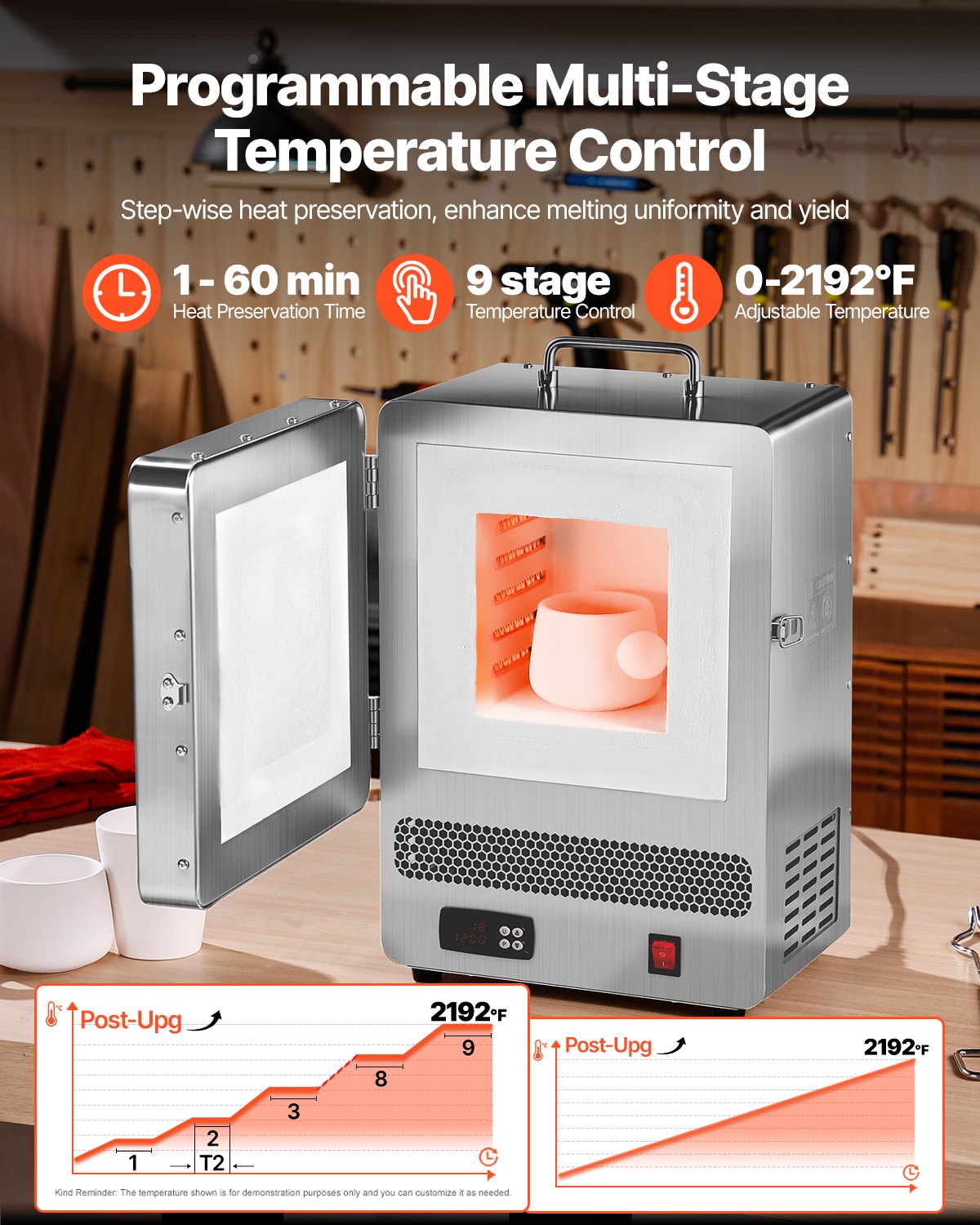 Tabletop Kiln Melter, 1500W Powerful Electric Kiln, 2192℉ / 1200℃ Max Temperature, Stainless Steel, Gold Melting Furnace for Wax Casting, Clay DIY, Metal Tempering, Glazing on Pottery, Silver