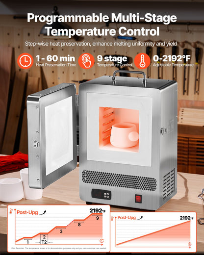 Tabletop Kiln Melter, 1500W Powerful Electric Kiln, 2192℉ / 1200℃ Max Temperature, Stainless Steel, Gold Melting Furnace for Wax Casting, Clay DIY, Metal Tempering, Glazing on Pottery, Silver