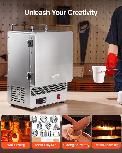 Tabletop Kiln Melter, 1500W Powerful Electric Kiln, 2192℉ / 1200℃ Max Temperature, Stainless Steel, Gold Melting Furnace for Wax Casting, Clay DIY, Metal Tempering, Glazing on Pottery, Silver