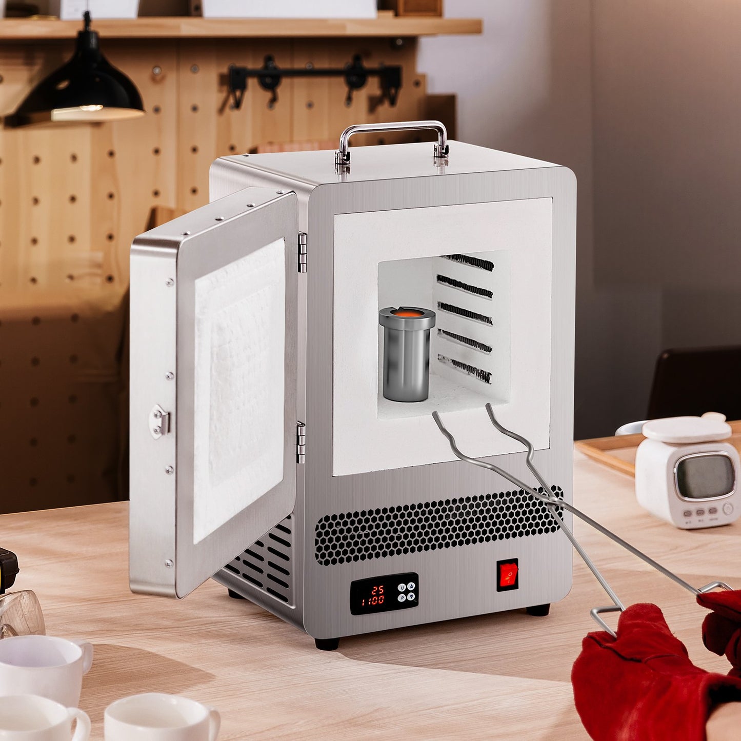 Tabletop Kiln Melter, 1500W Powerful Electric Kiln, 2192℉ / 1200℃ Max Temperature, Stainless Steel, Gold Melting Furnace for Wax Casting, Clay DIY, Metal Tempering, Glazing on Pottery, Silver