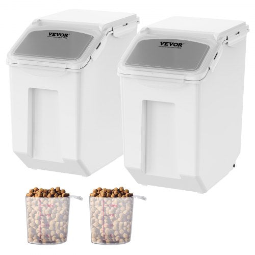 Ingredient Storage Bin, 2 x 15L Dispenser Bin with 2 Measuring Cups, Attachable Casters and Airtight Lid, 2 Pcs/Set Dog Pet Food Storage Container, PP Material Kitchen Rice Cereal Flour Bin