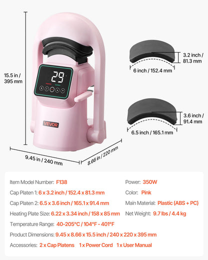 Auto Hat Heat Press Machine, with 2pcs Interchangeable Platens, Automatic Open and Release, Touchscreen for Precise Time and Temperature Control, Heat Transfer Printing for Caps, Hats, Pink