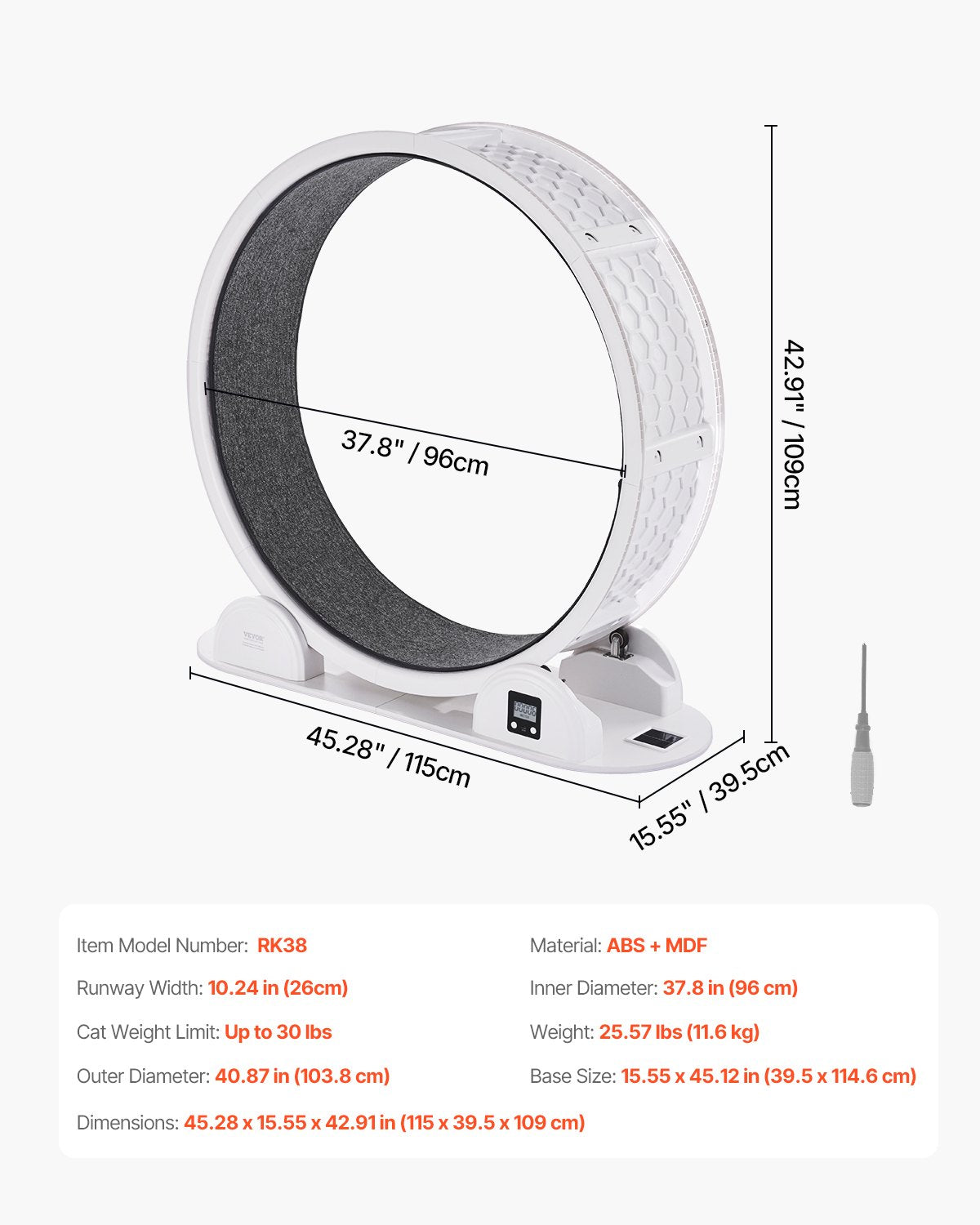 Cat Exercise Wheel with Pedometer, 40.8 in, Cat Running Wheel with Brake &amp; Carpeted Runway, Quiet Cat Treadmill for Indoor Cats Under 30lbs, Cat Exerciser for Pets Health &amp; Fitness White