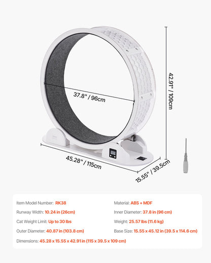 Cat Exercise Wheel with Pedometer, 40.8 in, Cat Running Wheel with Brake &amp; Carpeted Runway, Quiet Cat Treadmill for Indoor Cats Under 30lbs, Cat Exerciser for Pets Health &amp; Fitness White