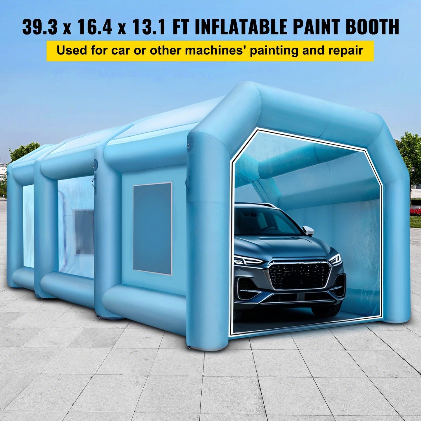 Uppblåsbart tält 999,2 x 498,5 x 399,3 cm Uppblåsbart sprutboxtält Uppblåsbart målarboxtält Billackeringsbox Jättestor arbetsstation 210D Oxfordtyg med 2 blåsmaskiner