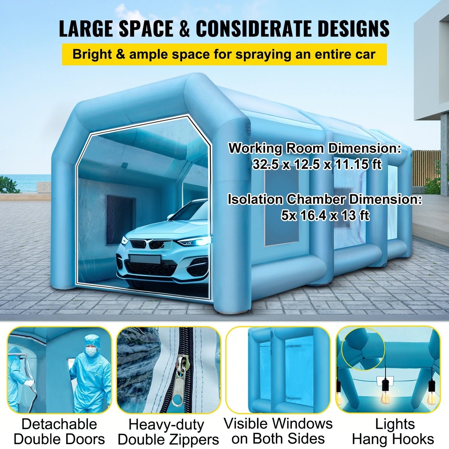 Uppblåsbart tält 999,2 x 498,5 x 399,3 cm Uppblåsbart sprutboxtält Uppblåsbart målarboxtält Billackeringsbox Jättestor arbetsstation 210D Oxfordtyg med 2 blåsmaskiner