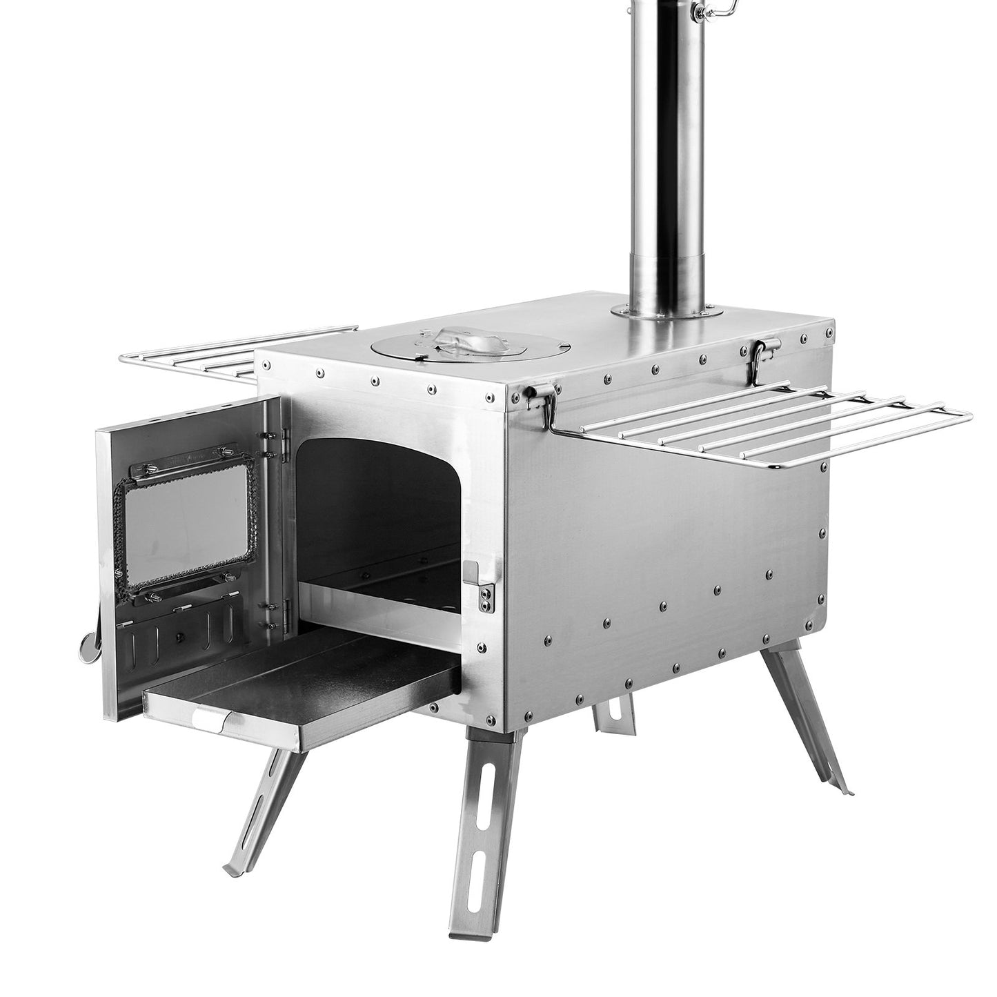 Vedspis, 218,44 cm, campingtältkök i rostfritt stål, bärbar vedspis med skorstensrör och handskar, 49161,3 cm³ eldstad, tältkök för matlagning och uppvärmning utomhus med 8 rör