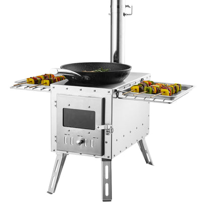 Vedspis, 218,44 cm, campingtältkök i rostfritt stål, bärbar vedspis med skorstensrör och handskar, 49161,3 cm³ eldstad, tältkök för matlagning och uppvärmning utomhus med 8 rör