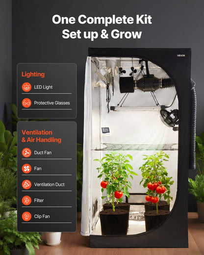 Indoor Grow Tent Kit, 100 x 100 x 200 cm, Indoor Plant Tent with Full Spectrum LED Grow Light & Ventilation System, 600D High Reflective Mylar, Growing Tents for Flower Veggie