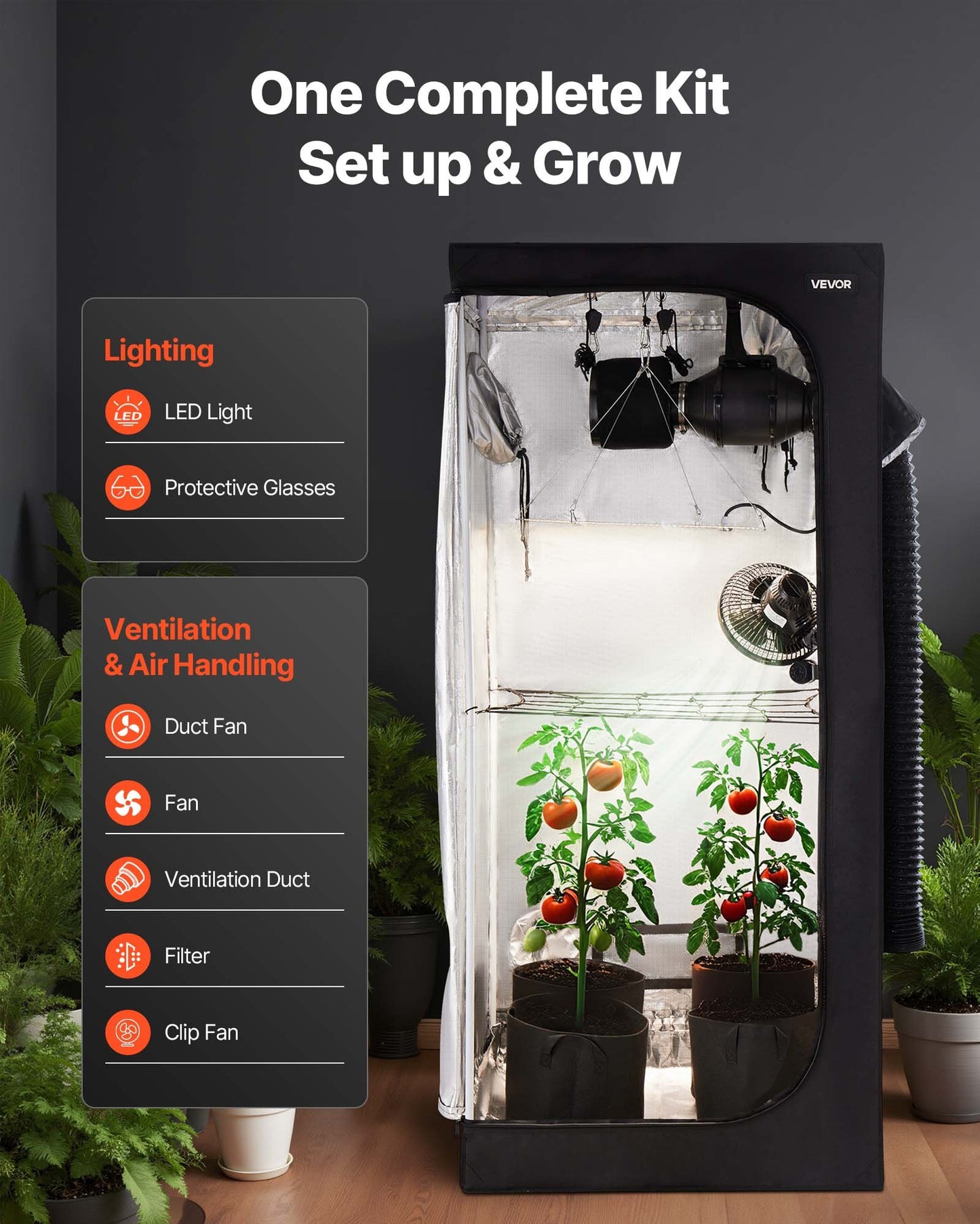 Indoor Grow Tent Kit, 80 x 80 x 180 cm, Indoor Plant Tent with Full Spectrum LED Grow Light & Ventilation System, 600D High Reflective Mylar, Growing Tents for Flower Veggie
